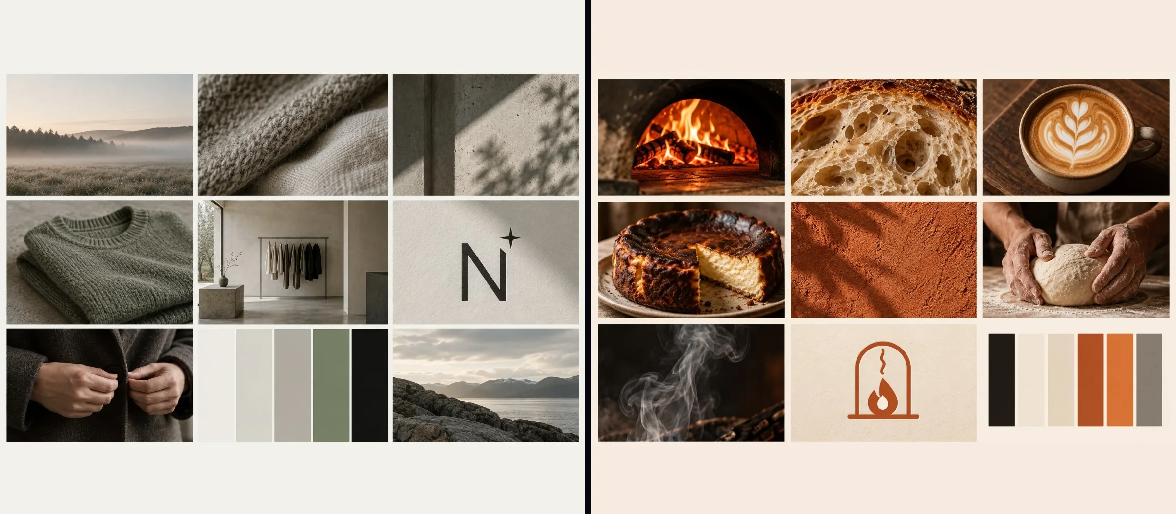 Mood boards for Norr and Ember and Ash: references, textures, marks and colour palettes (concept boards made with AI image tools)